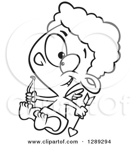 Holiday Clipart of a Black and White Valentines Day Cupid Baby Boy Holding a Bow and Arrow - Royalty Free Vector Illustration by toonaday