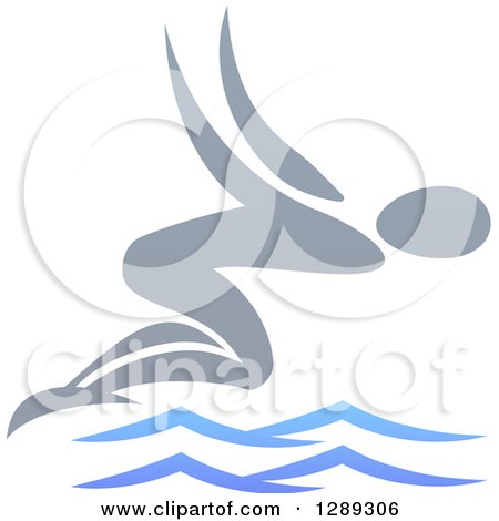 Clipart of a Gray Swimmer Diving over Blue Waves - Royalty Free Vector Illustration by AtStockIllustration