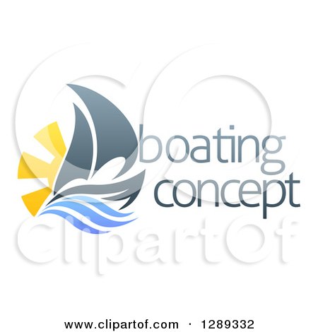 Clipart of a Sailing Boat with the Sun and Ocean Waves by Sample Text - Royalty Free Vector Illustration by AtStockIllustration