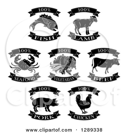 Clipart of Black and White One Hundred Percent Fish, Vegetarian and Meat Food Labels - Royalty Free Vector Illustration by AtStockIllustration