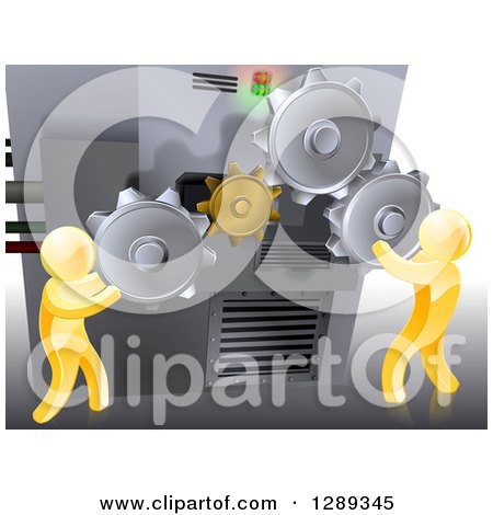 Clipart of 3d Gold Men Adjusting Gear Cogs on a Machine - Royalty Free Vector Illustration by AtStockIllustration