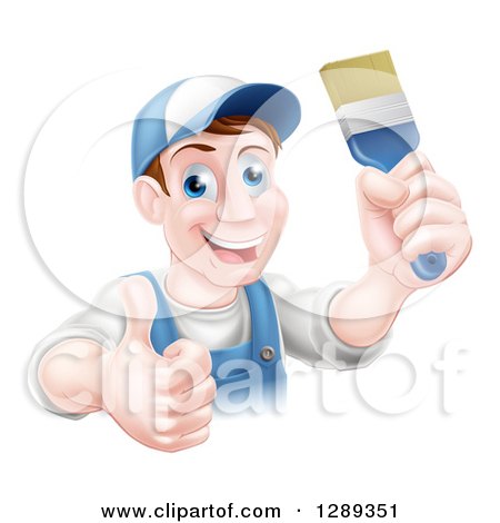 Clipart of a Happy Middle Aged Brunette Caucasian Male House Painter Holding a Brush and a Thumb up - Royalty Free Vector Illustration by AtStockIllustration