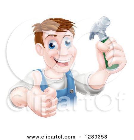 Clipart of a Happy Middle Aged Brunette Caucasian Worker Man Holding a Hammer and Thumb up - Royalty Free Vector Illustration by AtStockIllustration