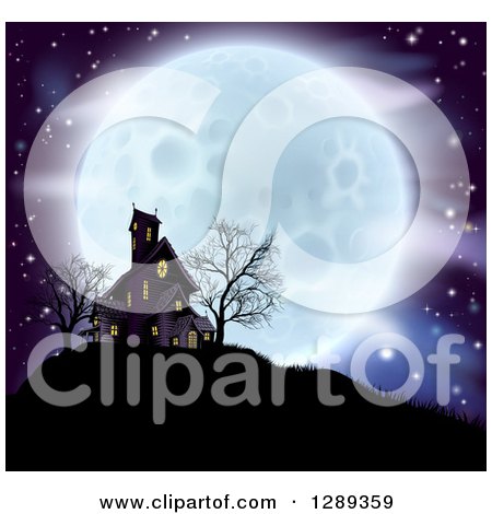 Clipart of a Full Moon Behind a Haunted House and Bare Trees on a Hill - Royalty Free Vector Illustration by AtStockIllustration