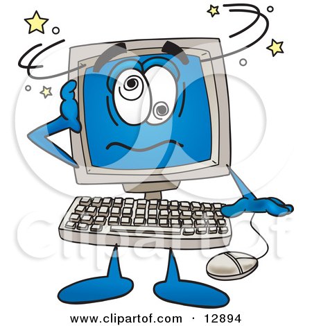 Clipart Picture of a Desktop Computer Mascot Cartoon Character Confused and Seeing Stars by Toons4Biz