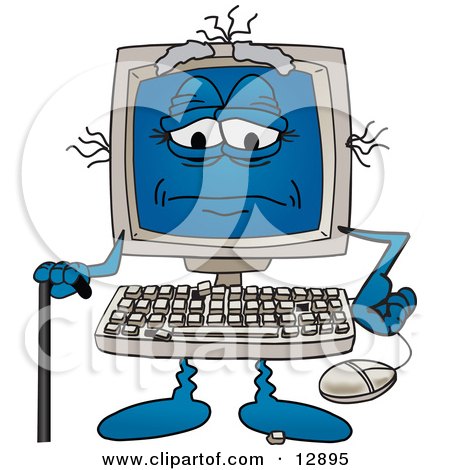 Clipart Picture of a Really Old Desktop Computer Mascot Cartoon Character With a Cane by Toons4Biz