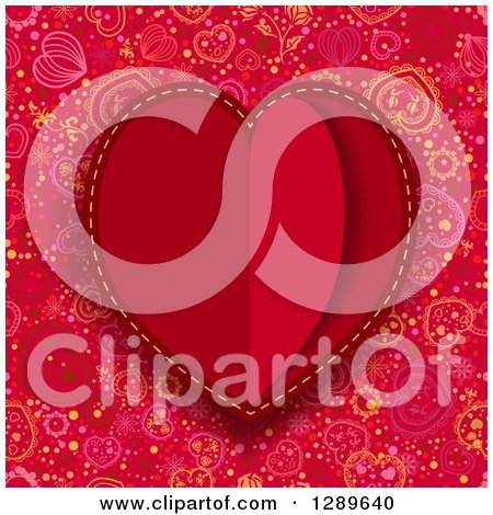 Clipart of a Background of a Red Paper Heart over a Doodled Pattern - Royalty Free Vector Illustration by vectorace