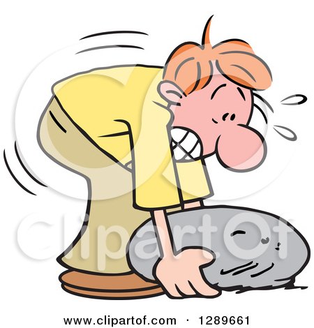 Clipart of a Red Haired Caucasian Man Struggling and Trying to Lift a Heavy Rock - Royalty Free Vector Illustration by Johnny Sajem