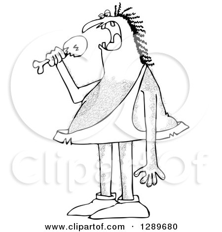 Clipart of a Black and White Hairy Caveman Eating a Meat Drumstick - Royalty Free Vector Illustration by djart