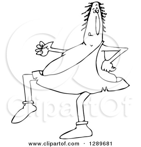 Clipart of a Black and White Sneaky Caveman Tip Toeing Around - Royalty Free Vector Illustration by djart