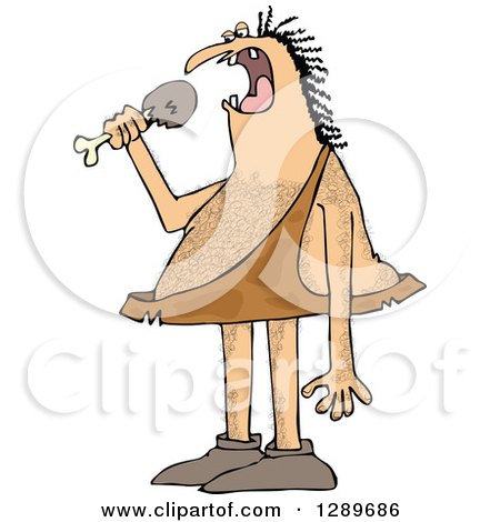 Clipart of a Hairy Caveman Eating a Meat Drumstick - Royalty Free Vector Illustration by djart