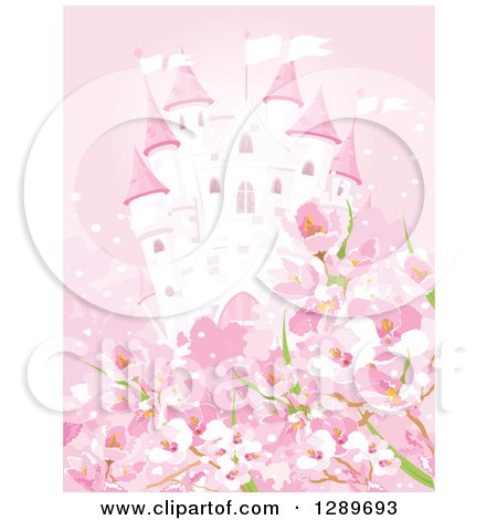 Clipart of a Fairy Tale Castle and Blossoms in Pink Tones - Royalty Free Vector Illustration by Pushkin