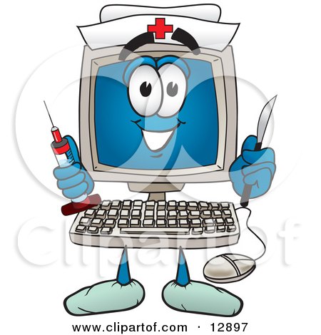 Clipart Picture of a Desktop Computer Mascot Cartoon Character Nurse With a Knife and Syringe by Mascot Junction
