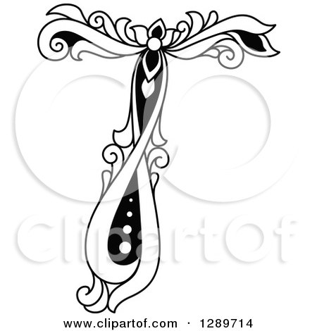 Clipart of a Black and White Vintage Floral Capital Letter T - Royalty Free Vector Illustration by Vector Tradition SM