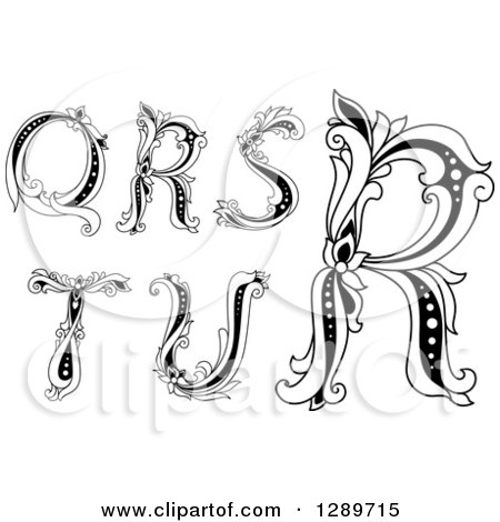 Clipart of Black and White Vintage Floral Capital Letters Q, R, S, T and U - Royalty Free Vector Illustration by Vector Tradition SM