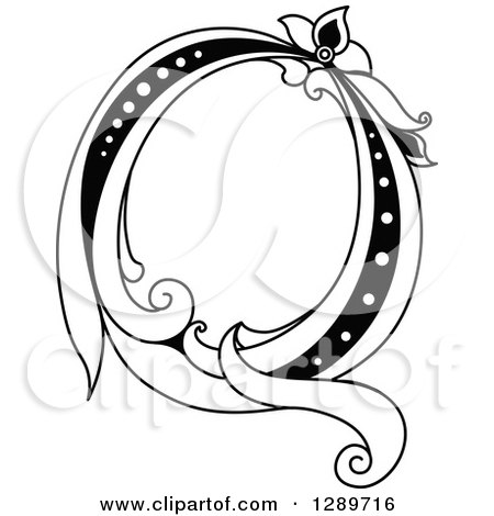 Clipart of a Black and White Vintage Floral Capital Letter Q - Royalty Free Vector Illustration by Vector Tradition SM
