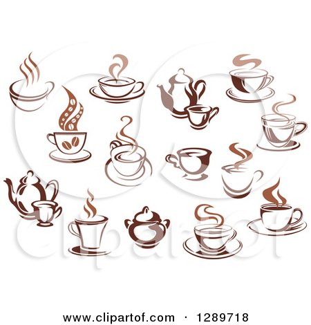Clipart of Two Toned Brown and Steamy Coffee Cups and Pots - Royalty Free Vector Illustration by Vector Tradition SM