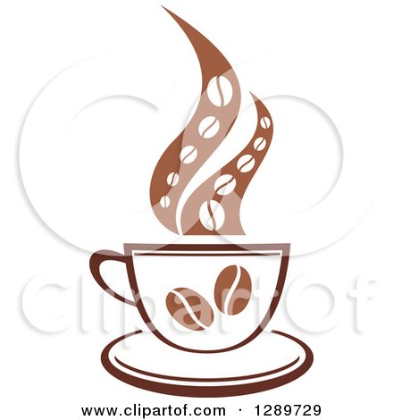 Clipart of a Two Toned Brown and White Steamy Coffee Cup with Beans on a Saucer - Royalty Free Vector Illustration by Vector Tradition SM