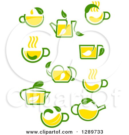 Clipart of Green and Yellow Tea Cups and Pots with Leaves 5 - Royalty Free Vector Illustration by Vector Tradition SM