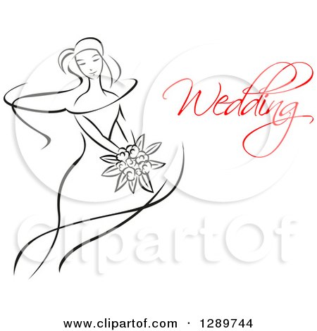 Clipart of a Sketched Black and White Bride Holding a Bouquet of Flowers with Red Wedding Text - Royalty Free Vector Illustration by Vector Tradition SM