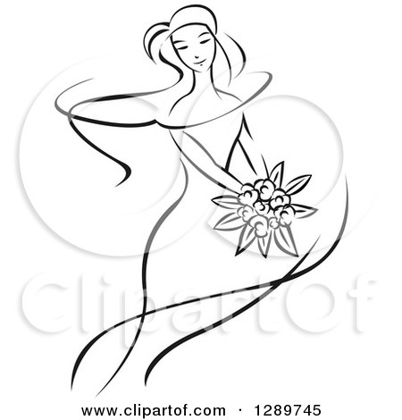 Clipart of a Sketched Black and White Bride Holding a Bouquet of Flowers - Royalty Free Vector Illustration by Vector Tradition SM