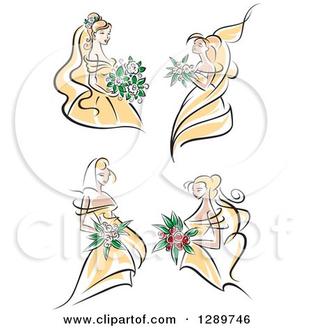 Clipart of Sketched Blond Caucasian Brides in Yellow Dresses, Holding Bouquets of White, Pink and Red Flowers - Royalty Free Vector Illustration by Vector Tradition SM