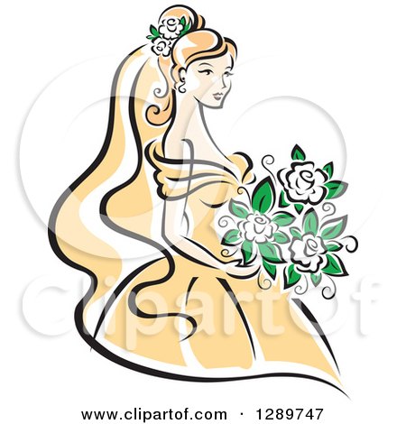 Clipart of a Sketched Blond Caucasian Bride in a Yellow Dress, Holding a Bouquet of White Flowers - Royalty Free Vector Illustration by Vector Tradition SM