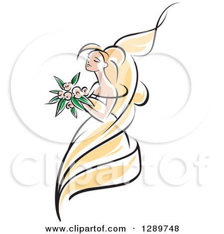 Clipart of a Sketched Blond Caucasian Bride in a Yellow Dress, Holding up a Bouquet of Pink Flowers - Royalty Free Vector Illustration by Vector Tradition SM