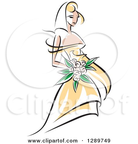 Clipart of a Sketched Blond Caucasian Bride in a Yellow Dress, Holding a Bouquet of Pink Flowers - Royalty Free Vector Illustration by Vector Tradition SM