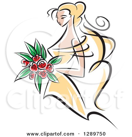 Clipart of a Sketched Blond Caucasian Bride in a Yellow Dress, Holding a Bouquet of Red Flowers - Royalty Free Vector Illustration by Vector Tradition SM