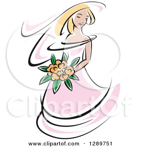 Clipart of a Sketched Blond Caucasian Bride in a Pink Dress, Holding a Bouquet of Orange Flowers - Royalty Free Vector Illustration by Vector Tradition SM
