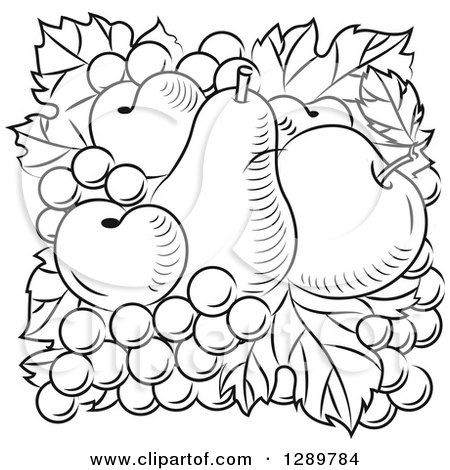 Clipart of a Black and White Design of a Pear, Apricots, Apple and Grapes - Royalty Free Vector Illustration by Vector Tradition SM
