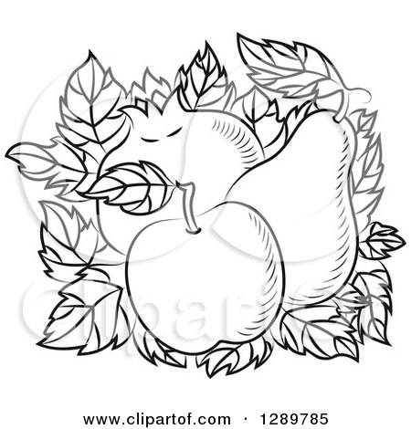 Clipart of a Black and White Design of an Apple, Pear and Pomegranate - Royalty Free Vector Illustration by Vector Tradition SM