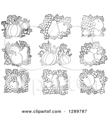Clipart of Black and White Fruit Designs of Pumpkins, Apples, Pomegrantes, Grapes and Pears - Royalty Free Vector Illustration by Vector Tradition SM