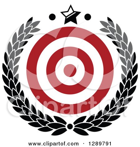 Clipart of a Red and White Bullseye Target for Archery or Throwing Darts in a Black Wreath with a Star - Royalty Free Vector Illustration by Vector Tradition SM