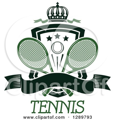 Clipart of a Black and White Crown, Blank Banner and Tennis Ball Shield with Green Ribbons and Rackets over Text - Royalty Free Vector Illustration by Vector Tradition SM