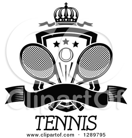 Clipart of a Black and White Crown, Blank Banner and Tennis Ball Shield with Ribbons and Rackets over Text - Royalty Free Vector Illustration by Vector Tradition SM