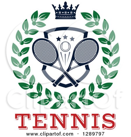 Clipart of a Navy Blue Crown over a Tennis Ball and Racket Shield in a Green Wreath over Red Text - Royalty Free Vector Illustration by Vector Tradition SM