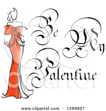 Clipart of Ornate Be My Valentine Text with a Lady in Red - Royalty Free Vector Illustration by Vector Tradition SM