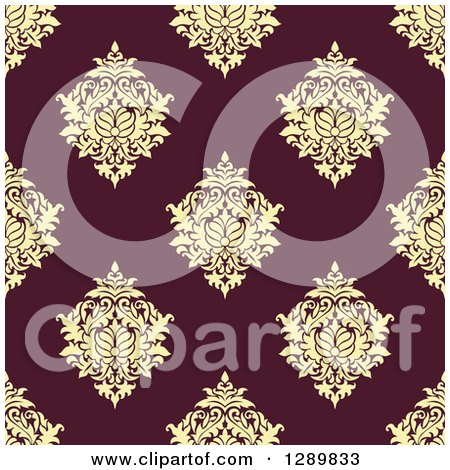 Clipart of a Background Pattern of Seamless Yellow Damask on Maroon - Royalty Free Vector Illustration by Vector Tradition SM