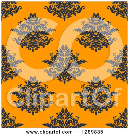 Clipart of a Background Pattern of Seamless Navy Blue Damask on Orange - Royalty Free Vector Illustration by Vector Tradition SM