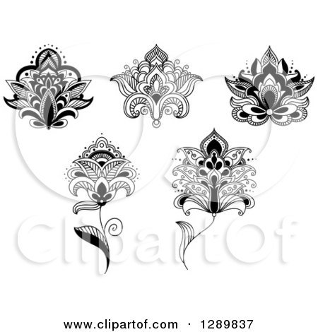 Clipart of Black and White Henna Lotus and Flowers - Royalty Free Vector Illustration by Vector Tradition SM