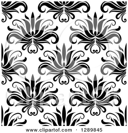 Clipart of a Background Pattern of Seamless Black Vintage Floral on White - Royalty Free Vector Illustration by Vector Tradition SM