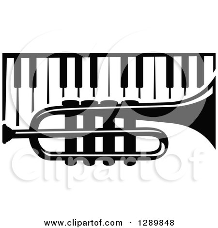 Clipart of a Black and White Trumpet over Piano Keys - Royalty Free Vector Illustration by Vector Tradition SM