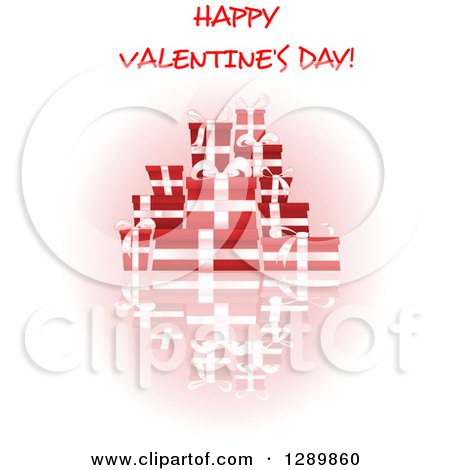 Clipart of Happy Valentines Day Text over Red Gifts and a Reflection on White - Royalty Free Vector Illustration by Vector Tradition SM