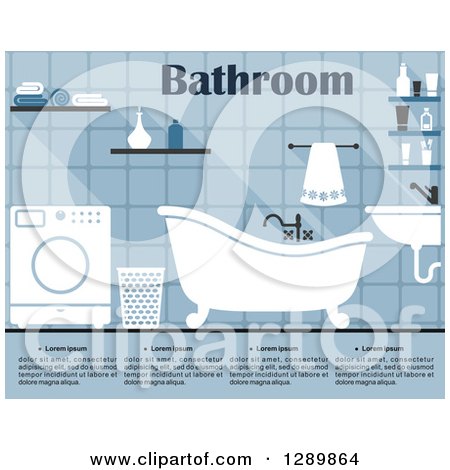 Clipart of a Blue Bathroom Interior with a Washing Machine and Sample Text - Royalty Free Vector Illustration by Vector Tradition SM