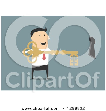 Clipart of a Flat Modern Design Styled White Businessman Holding the Key to Success by a Hole, over Blue - Royalty Free Vector Illustration by Vector Tradition SM