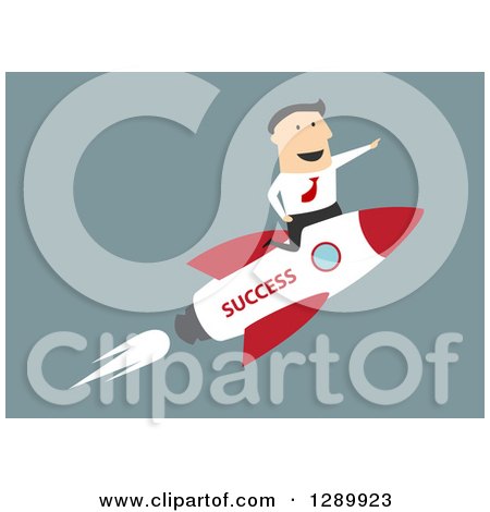 Clipart of a Flat Modern Design Styled White Businessman Riding a Success Rocket, over Blue - Royalty Free Vector Illustration by Vector Tradition SM