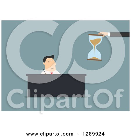 Clipart of a Flat Modern Design Styled White Businessman Trying to Meet at Deadline, over Blue - Royalty Free Vector Illustration by Vector Tradition SM