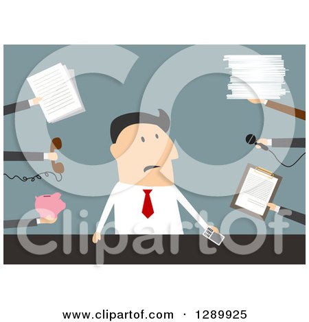 Clipart of a Flat Modern Design Styled Overwhelmed White Businessman with Needy Hands, over Blue - Royalty Free Vector Illustration by Vector Tradition SM